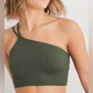 Aerie Real Me One Shoulder Longline Crop Ribbed Bra Green Small Adjustable